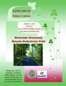 Note: We have learned the time of the ribbon-cutting for the Riverside Greenway Bicycle and Pedestrian Path has changed to 11AM.