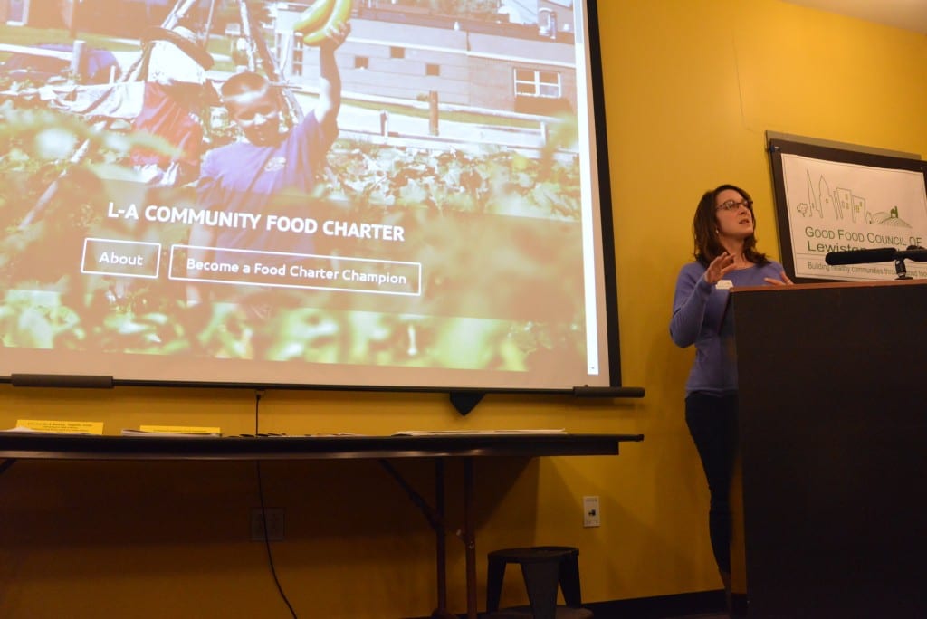 Karen Bolduc, Chair of Good Food Council of Lewiston-Auburn and local farmer, explains the purpose and the need for the Lewiston-Auburn Community Food Charter, the first Food Charter in State of Maine.